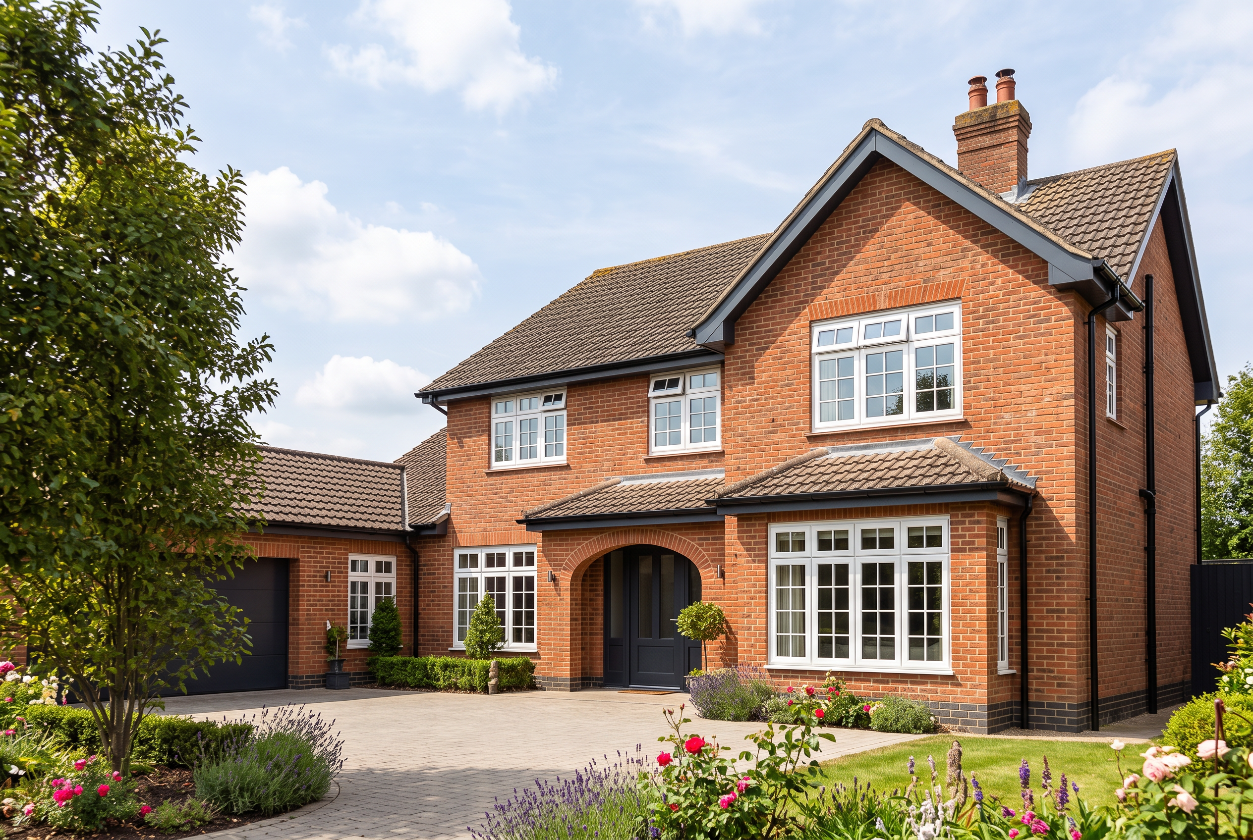 English red-brick house with anthracite roofline and black guttering