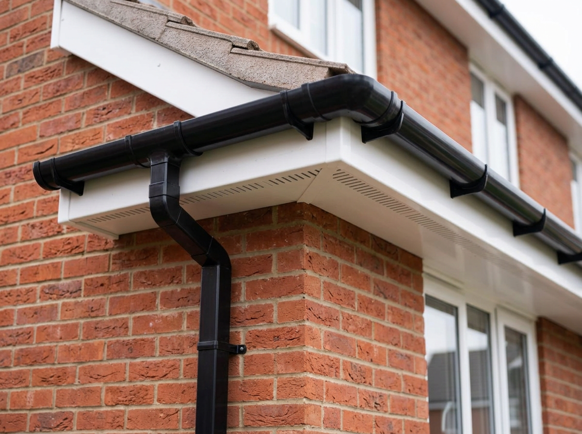 White fascia and ventilated soffit with black guttering on an English brick home